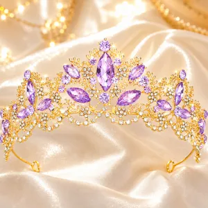 Detailed close-up shot of the sparkling purple crystal crown hair accessory texture.