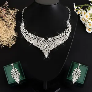 Exaggerated crystal necklace earrings set for women, sparkling rhinestone bridal jewelry.