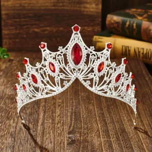 Baroque bridal crown tiara with sparkling red rhinestones for wedding party headpiece