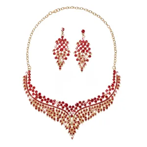Stunning red crystal rhinestone necklace and earrings jewelry set for women evening party.