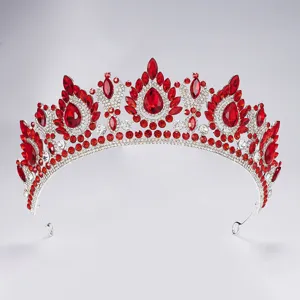 Elegantes rotes Kristall Braut Tiara, silberner Legierungs Krone für Hochzeit Party Haarschmuck.
