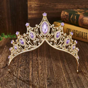 Luxury baroque gold tiara crown with purple crystal rhinestones for bridal wedding party