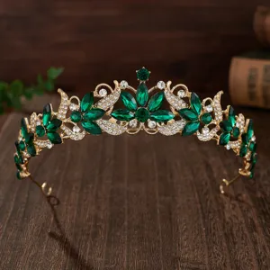 Baroque gold bridal crown tiara with deep green and clear crystals for wedding hair accessories.