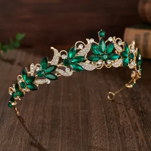 Luxury green crystal bridal tiara baroque gold crown wedding hair accessory headpiece new