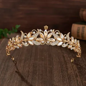 Gold crystal bridal tiara baroque hair crown elegant wedding crystal headband accessory