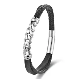 Pulsera de cuero trenzado y acero inoxidable para hombre, joya de cuero multicapa negra.