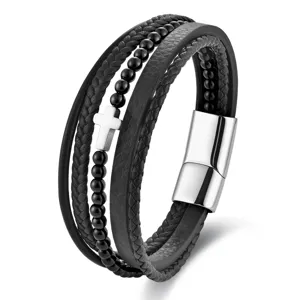 Men multi-layer leather bracelet black braided rope stainless steel clasp cross charm detail.