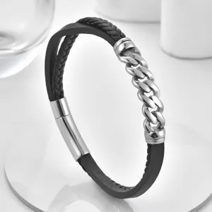 Pulsera Trenzada de Cuero Genuino para Hombre Multicapa Acero Inoxidable Cordón Negro Brazalete Joyería Regalo