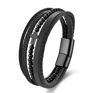 Black multi-layer leather braided bracelet for men with black beads and cross charm.