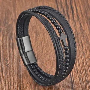 Men's Multi-Layer Braided Leather Bracelet Stainless Steel Cross Magnetic Clasp Fashion Punk Wristband Jewelry Gift