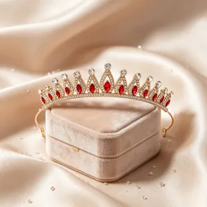 Exquisite rhinestone bridal tiara detail, luxurious gold crown headpiece for wedding party.