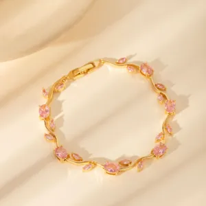 Exquisite close-up of pink zircon floral vine bracelet, elegant niche design jewelry detail.