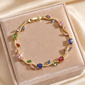 Elegant gold-plated multi-color cubic zirconia vine leaf bracelet for women fashion jewelry