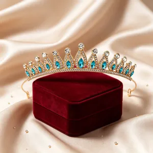 Gold bridal tiara with blue rhinestones crystal crown for wedding party hair accessories