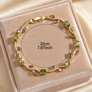 Gold-plated green purple cubic zirconia vine floral bracelet elegant wrist jewelry detail view