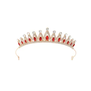 Gold bridal tiara with red and white rhinestones, vintage wedding crown hair accessory.