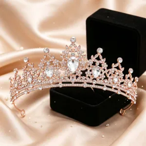 Squisita corona da sposa in strass di cristallo oro rosa, elegante diadema per capelli.