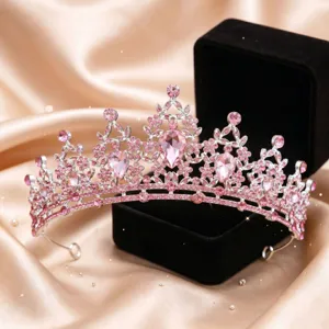 Squisita tiara corona da sposa in cristallo rosa per accessori per capelli da matrimonio.