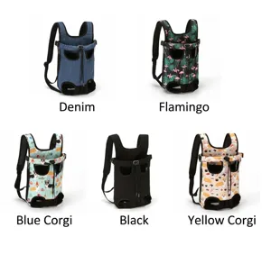 Detailed view of various pet carrier backpacks in flamingo, corgi, and denim styles