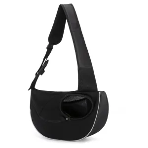 Side profile of a black breathable mesh pet sling carrier bag for cats and small dogs