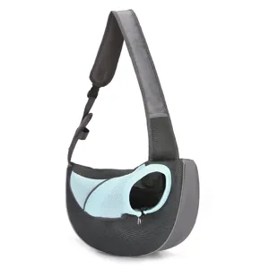 Ergonomic breathable mesh pet sling carrier in grey and blue for small dogs and cats