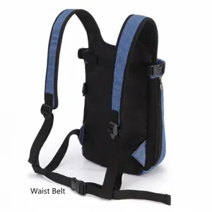 Detail view of adjustable waist belt and back straps on a blue pet carrier backpack