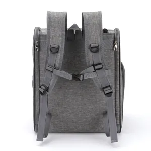 Rear view detail of gray breathable pet backpack with adjustable chest straps