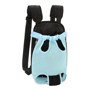 Close-up of breathable mesh pet front carrier backpack in blue and black colors