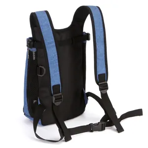 Back view of a blue pet carrier backpack showing adjustable padded straps and buckles