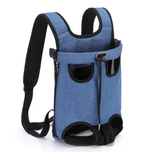Blue denim pet carrier backpack for small dogs and cats with breathable leg out design