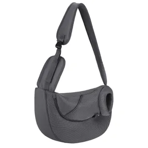 Detailed view of breathable mesh pet sling carrier with an adjustable strap