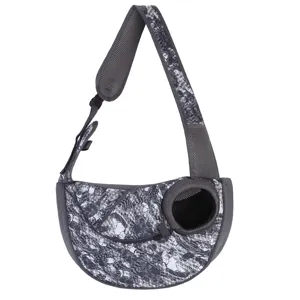 Portable grey patterned pet sling carrier with breathable mesh window for cats and dogs