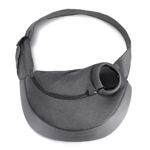 Detailed view of the breathable gray mesh pet sling carrier for cats and small dogs