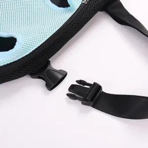 Close-up detail of a pet carrier bag featuring a secure buckle and breathable mesh