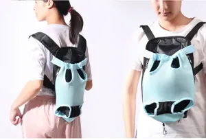 Breathable light blue mesh pet carrier backpack for dogs and cats worn by models