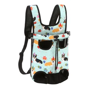 Detail view of the adjustable straps and Corgi pattern on a blue pet carrier