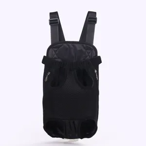 Macro view of a durable black mesh pet chest carrier backpack for small animals.