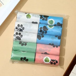 Pet waste bags, disposable dog poop bags with cute paw print and leaf stickers, multi-color pack.