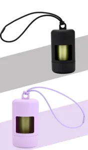Detailed view of portable pet waste bag dispenser with silicone shell and roll inside.