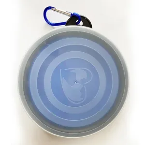 Close-up of collapsible silicone pet bowl with carabiner, portable grey and blue dog bowl detail.