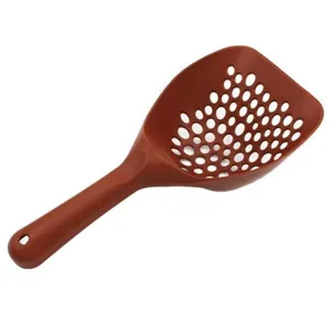 Durable plastic cat litter scoop with sifting holes and long handle for easy cleaning.