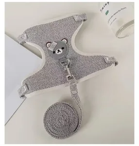 Grey woven pet dog cat harness and leash set with cute bear decoration for small pets walking.