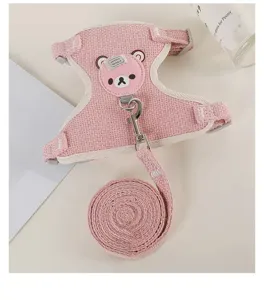 Pink mesh pet dog harness and leash set with cute bear design for small dogs and cats walking.