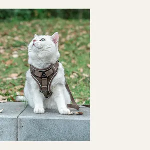 Outdoor cat harness detail, comfortable breathable mesh vest design for safe daily walking adventures.
