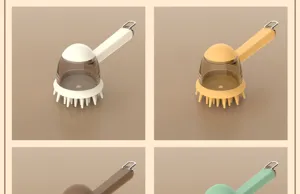 Detailed view of the pet bath brush with liquid dispenser and soft silicone massage bristles.