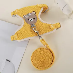 Yellow vest style pet harness and leash set with cute bear design for small dogs and cats.