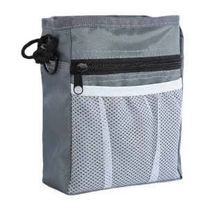 Grey nylon pet training treat pouch with mesh pocket and zipper for outdoor dog walking.