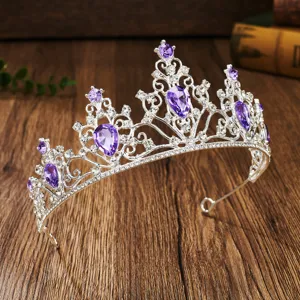 Silver rhinestone bridal tiara with purple teardrop crystals for wedding party hair accessories