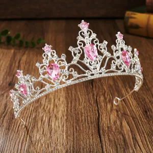Silver princess tiara crown with pink and clear rhinestones for wedding party hair accessories.
