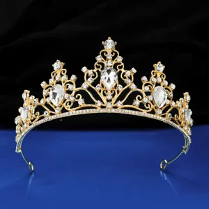 Elegant gold bridal tiara with sparkling rhinestones for weddings, parties, and princess.